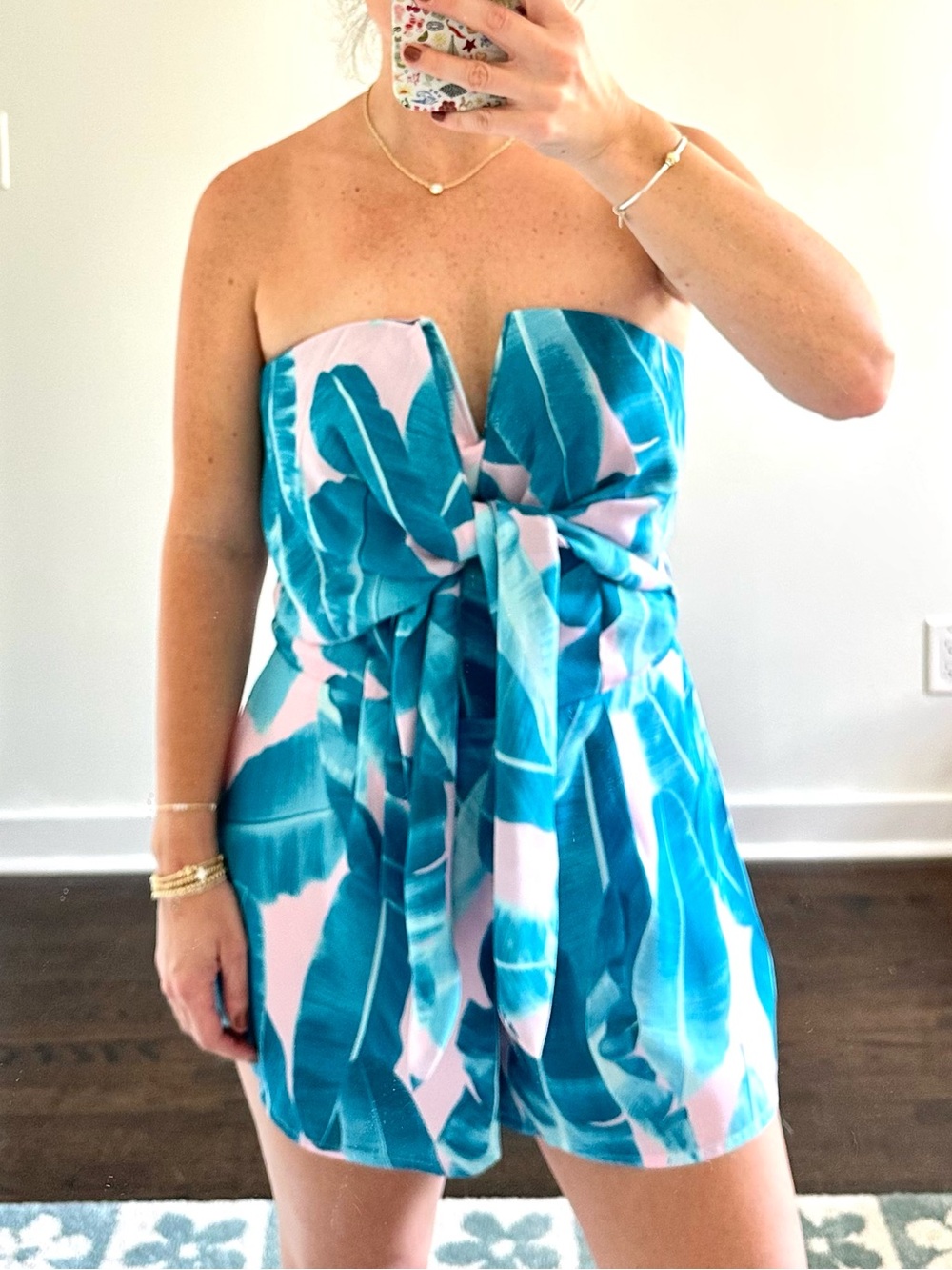 Buddy Love Strapless Pink & Blue Tropical Leaf Print Romper | Size Small
